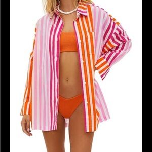 BEACHRiot Striped Pink and Orange Button-Up Shirt